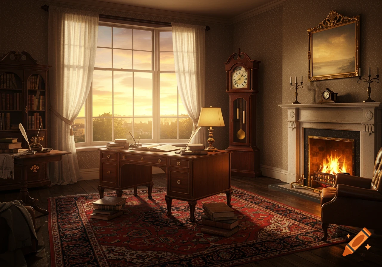 A well-lit, ornate study room with a large desk, a grandfather clock, a fireplace with a fire, and a window overlooking a sunset.