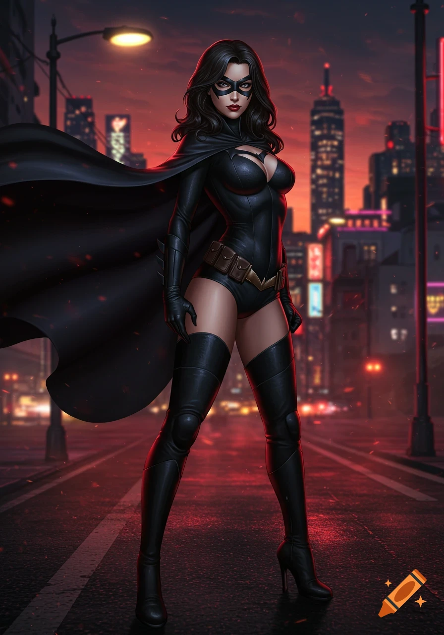 A confident brunette female vigilante in a black skintight suit, cape, and mask stands in a dark urban alley at dusk. Digital art.