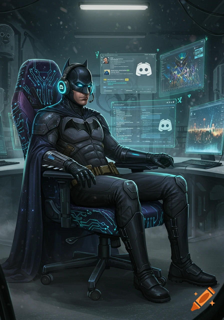 Batman, in his suit and headphones, sits in a glowing gaming chair surrounded by holographic screens displaying Discord interfaces in a dark room.