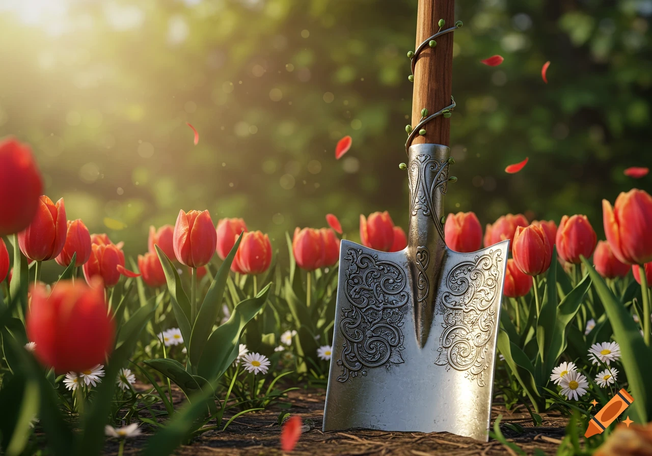 A decorative silver shovel with a wooden handle stands in a sunny field of red tulips and small white daisies, with green foliage in the background.