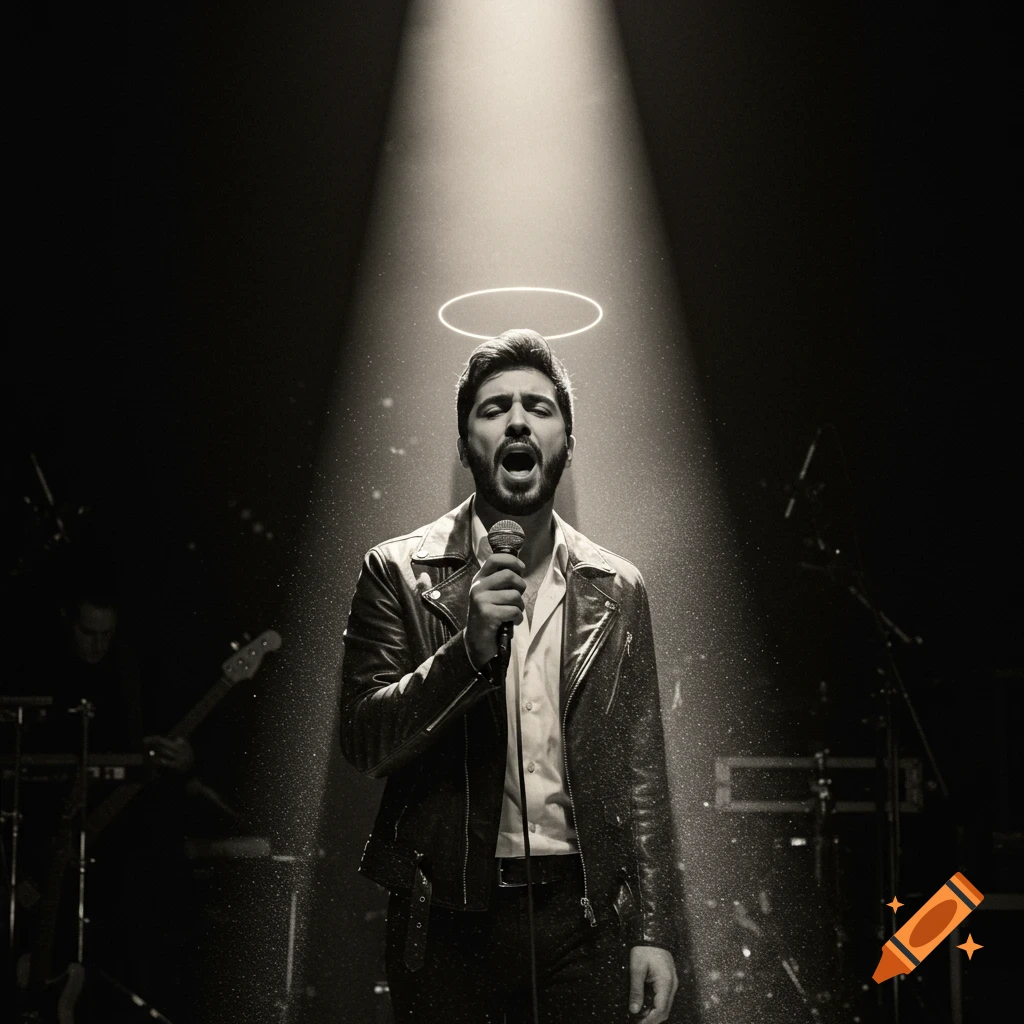 A male singer in a leather jacket performs on stage with a spotlight and halo, in a black and white photo.
