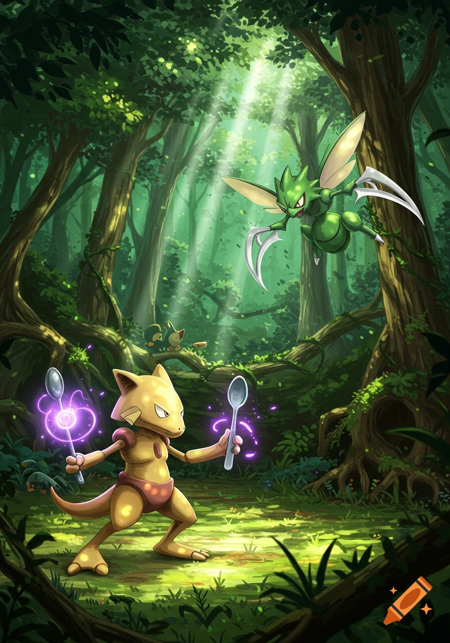 Kadabra with glowing spoons battles a flying Scyther in a vibrant, sunlit forest.