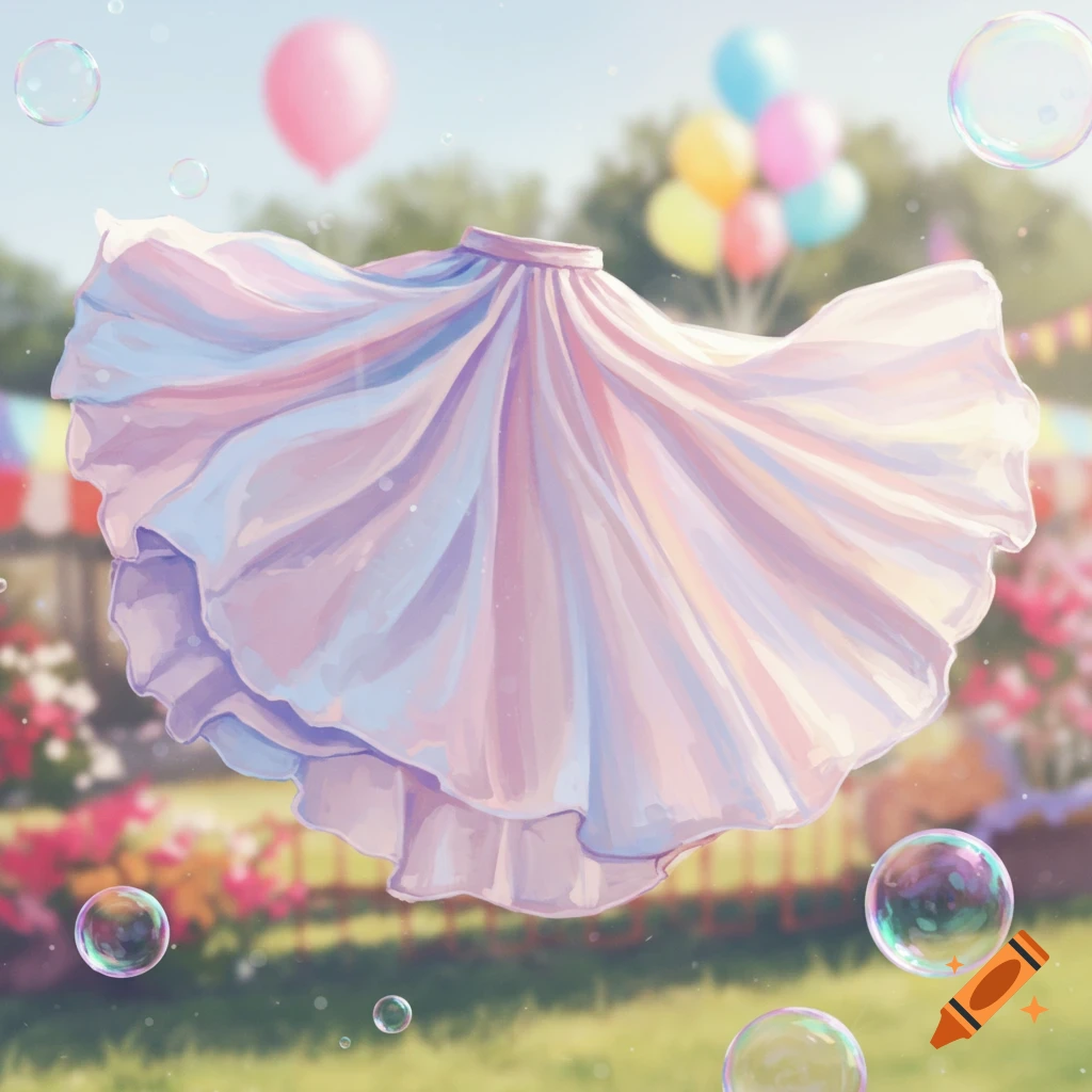 A flowing pastel-colored skirt floats in a whimsical outdoor setting with bubbles and colorful balloons, in an illustration style.