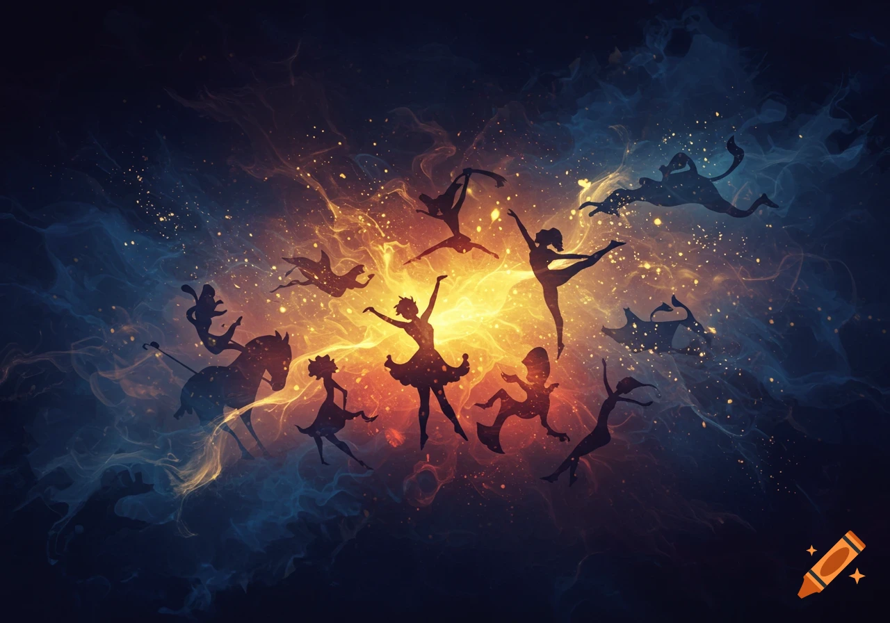 Silhouettes of circus performers, including dancers and an equestrian, against a magical swirling background of orange, gold, and blue.