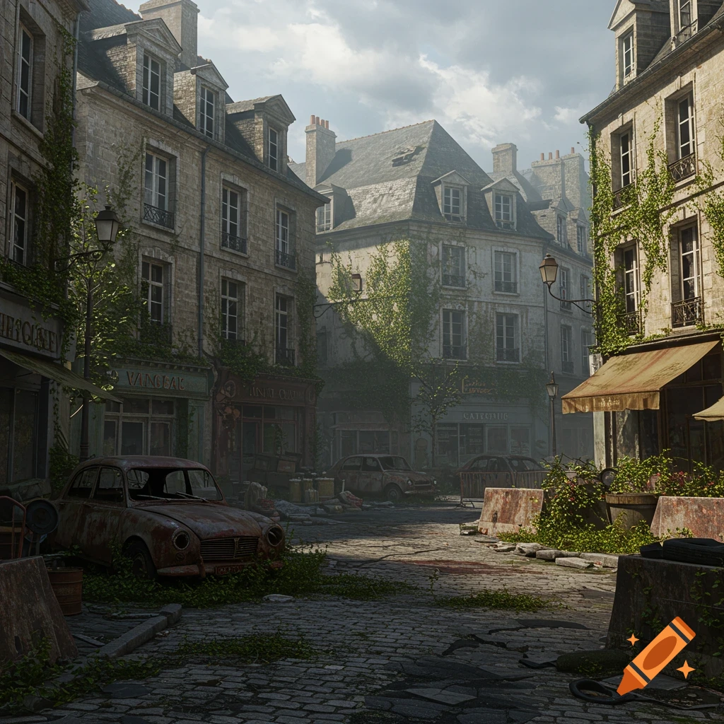 Post-apocalyptic French city street overgrown with vegetation. Abandoned stone buildings, rusted cars, and barricades under cloudy skies.
