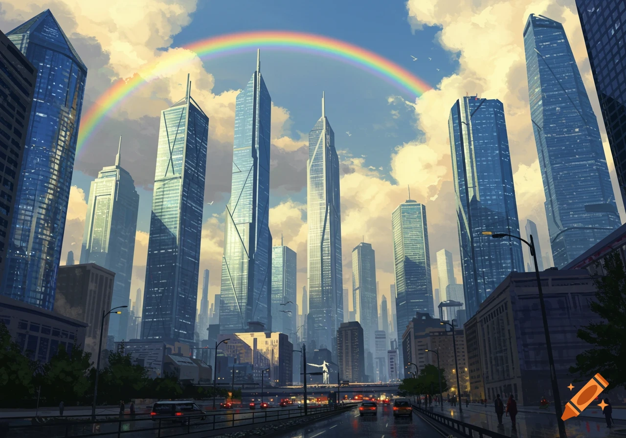 A vibrant cityscape with numerous tall skyscrapers under a partly cloudy sky, featuring a bright rainbow arcing over the buildings.