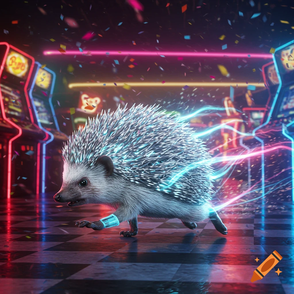A realistic hedgehog with glowing blue cuffs runs across a checkered floor in a neon-lit arcade, surrounded by confetti and electrical energy trails.