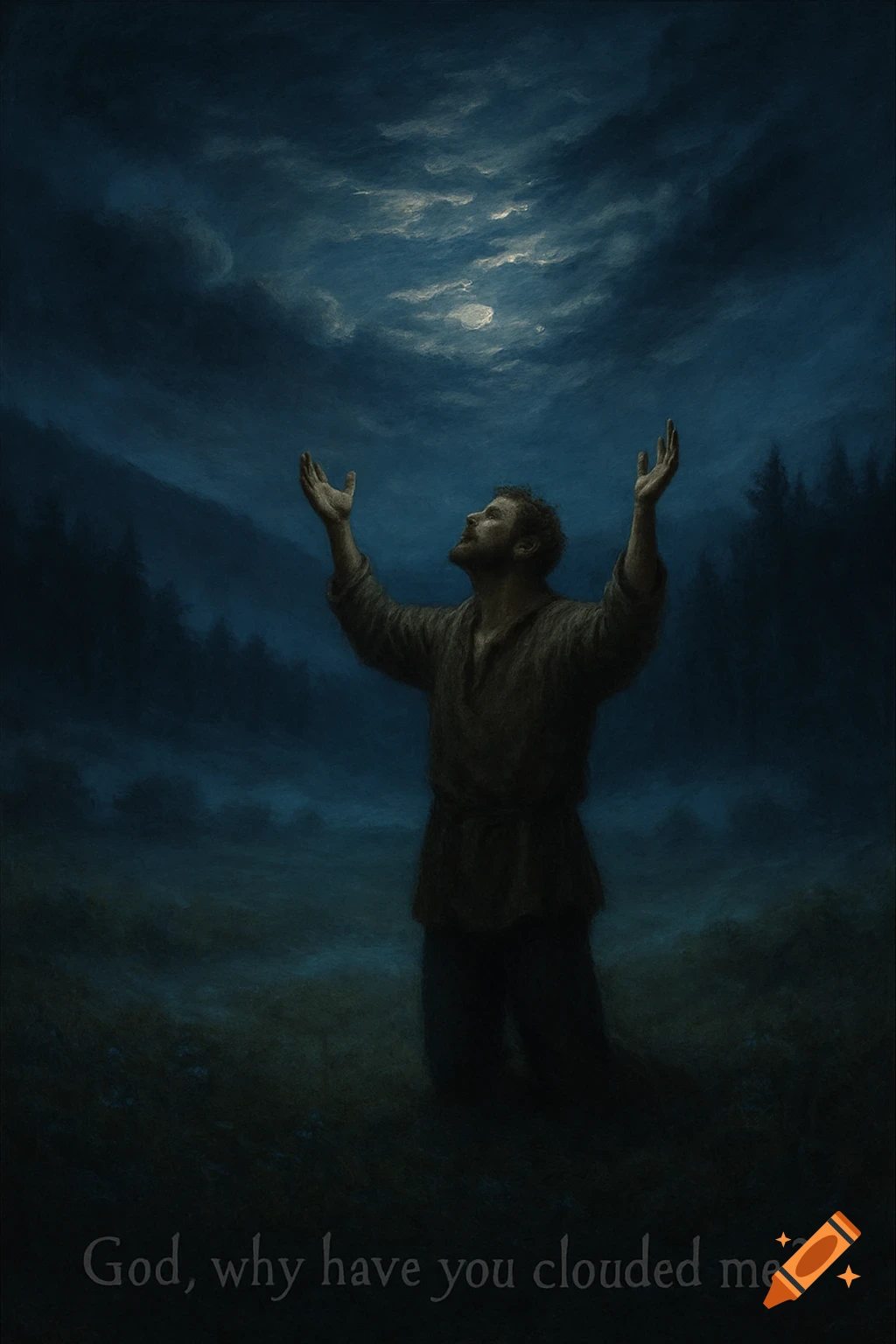A man kneels in a dark, cloudy valley at night, looking up with arms raised in despair. Text reads "God, why have you clouded me?"