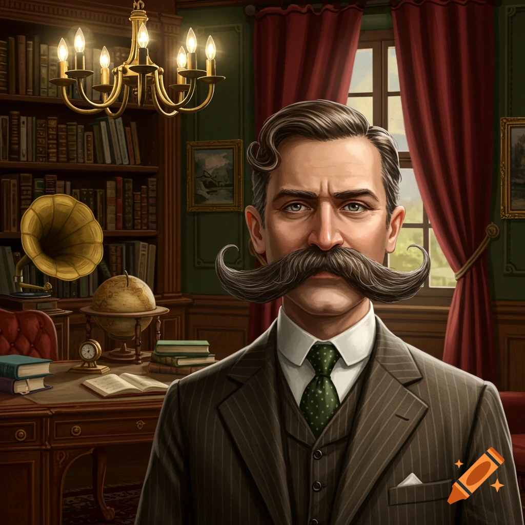 A portrait of a man with a large, curled mustache and sideburns, wearing a pinstripe suit and green tie, in a richly decorated study.