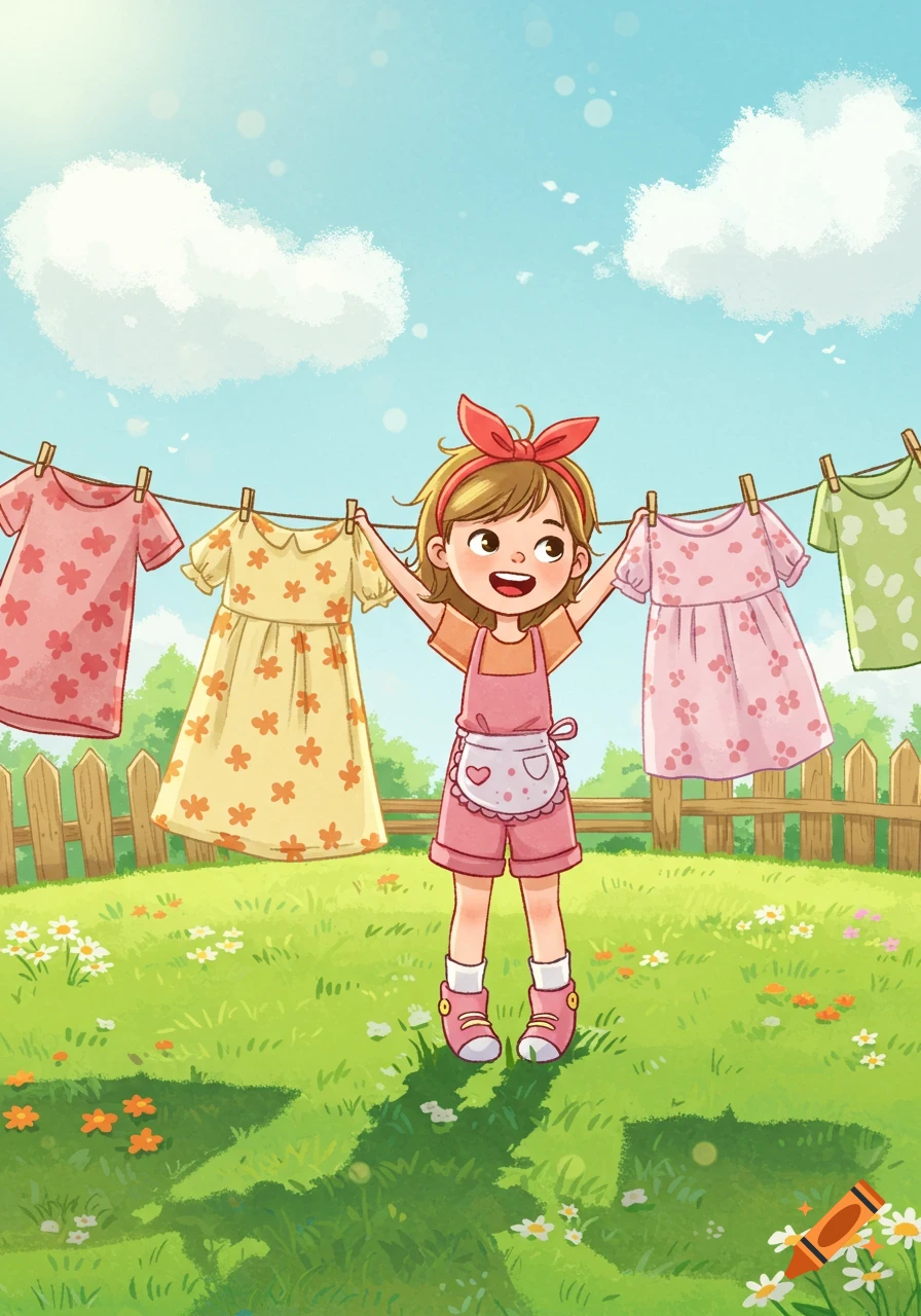 A happy cartoon girl in an apron hangs colorful clothes on a clothesline in a sunny backyard filled with flowers.