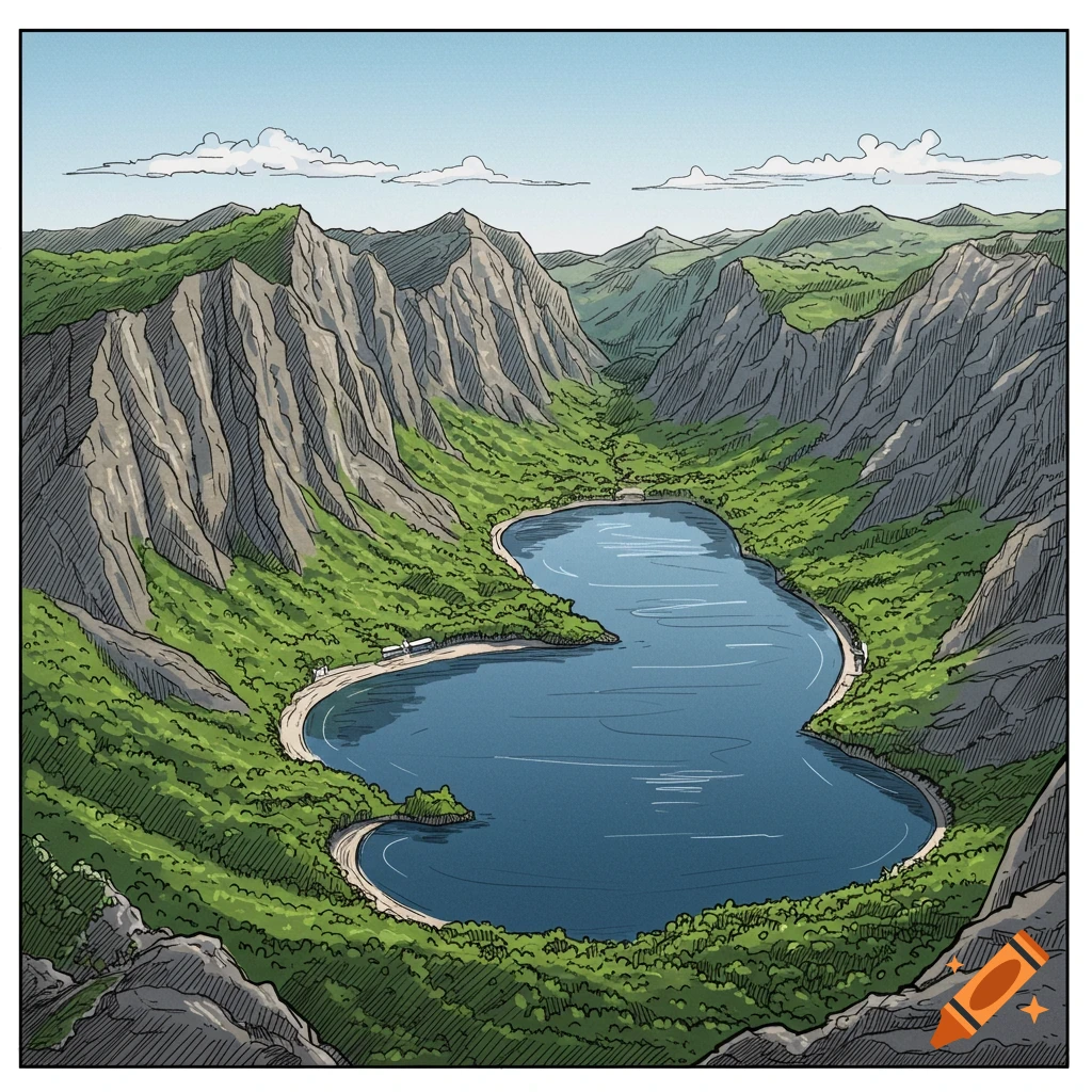 A line drawing showing a horseshoe-shaped lake surrounded by steep, green, rocky mountains under a blue sky.
