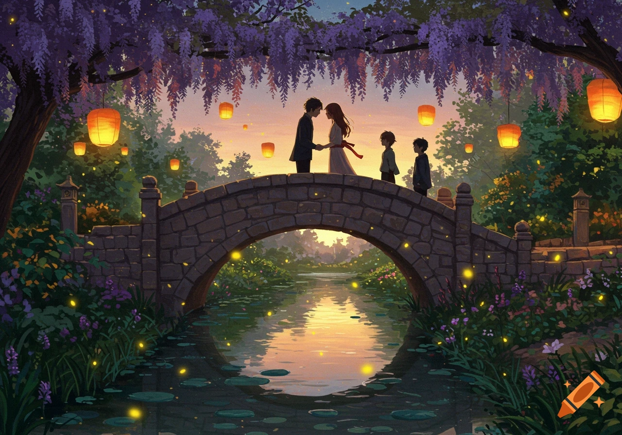 Anime illustration of a couple on a stone bridge over a river at sunset, surrounded by wisteria, lanterns, and fireflies.