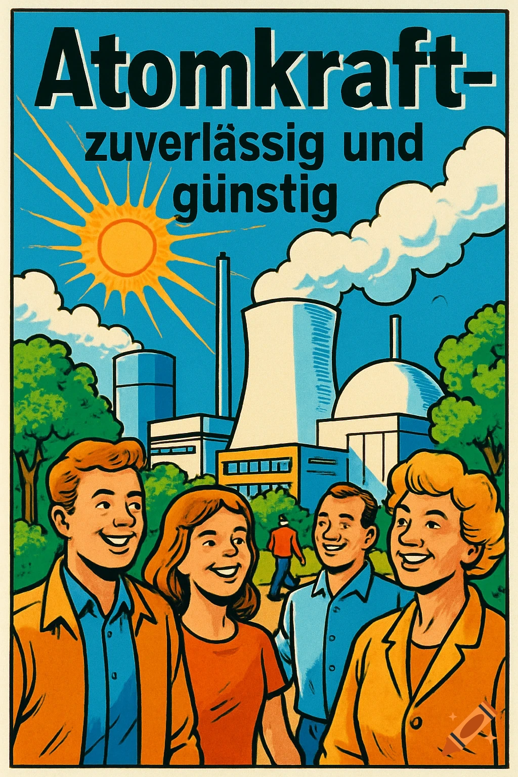 Retro comic art poster: 'Atomkraft – zuverlässig und günstig' above happy people and a clean nuclear power plant.