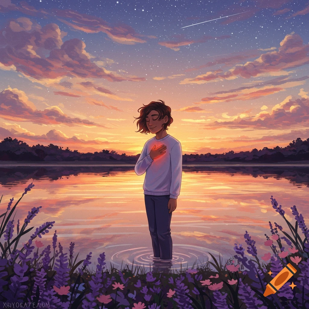 An illustrated person stands waist-deep in a serene lake at sunset, glowing red from their chest, surrounded by lavender flowers.