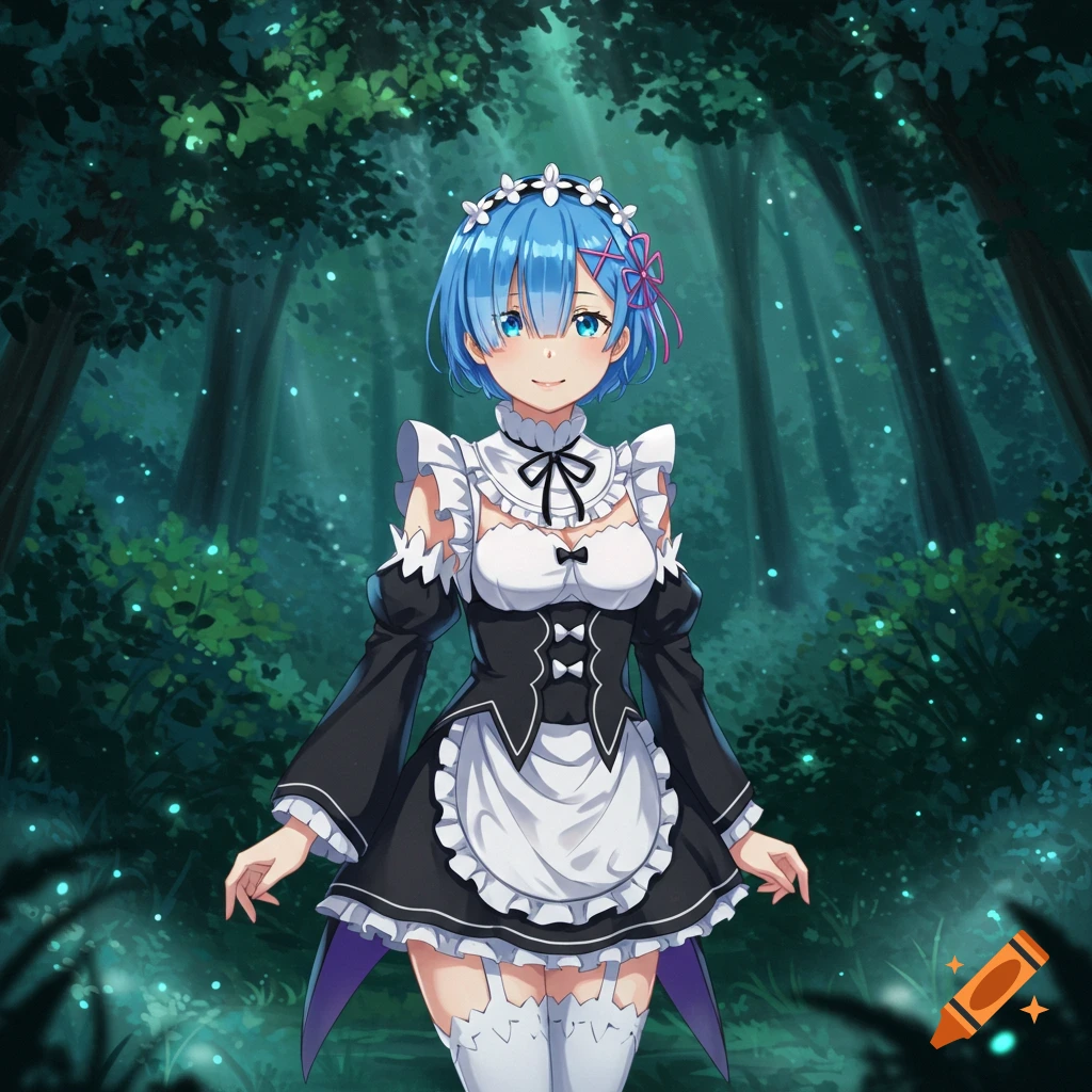 An anime girl with blue hair in a maid outfit stands in a dark, glowing forest.