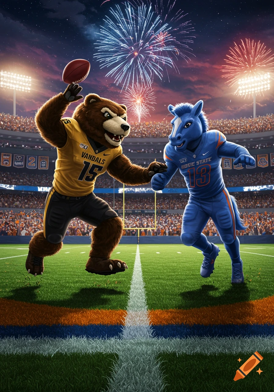 A brown bear mascot in a yellow jersey and a blue horse mascot in a blue jersey play football in a stadium with fireworks.