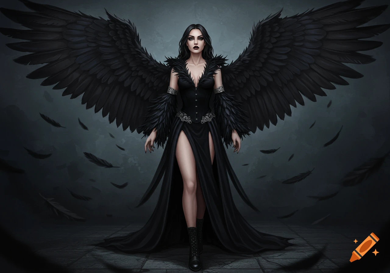A striking dark angel woman with massive black feathered wings and a black dress with high slits stands in a gloomy setting.