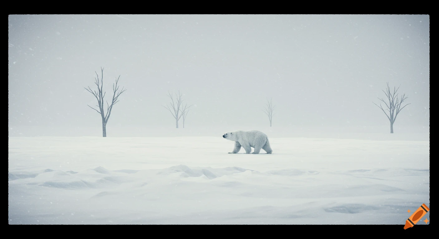 A lone polar bear walks through a vast, snowy landscape with sparse, bare trees during a light snowfall, in a cinematic style.