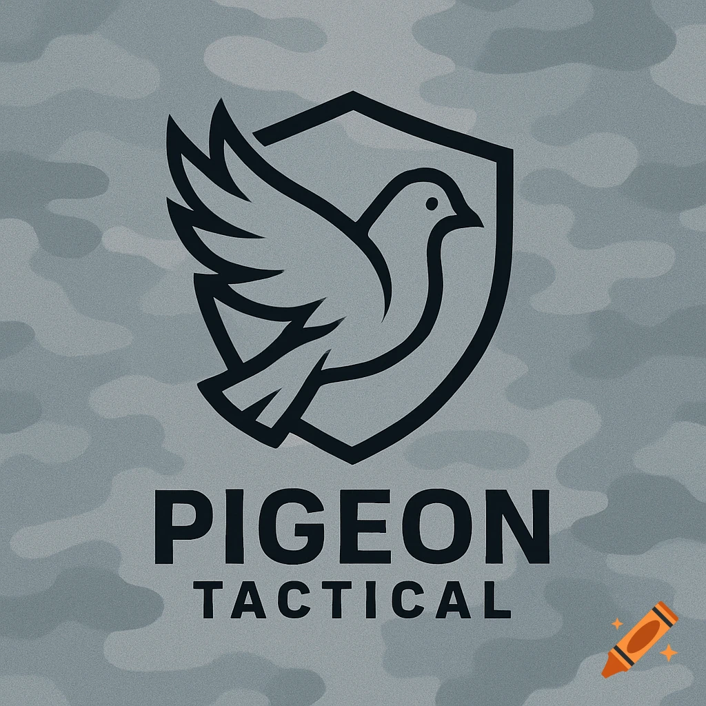 A stylized black outline of a pigeon within a shield logo, with the text "PIGEON TACTICAL" below, all on a grey camouflage background.