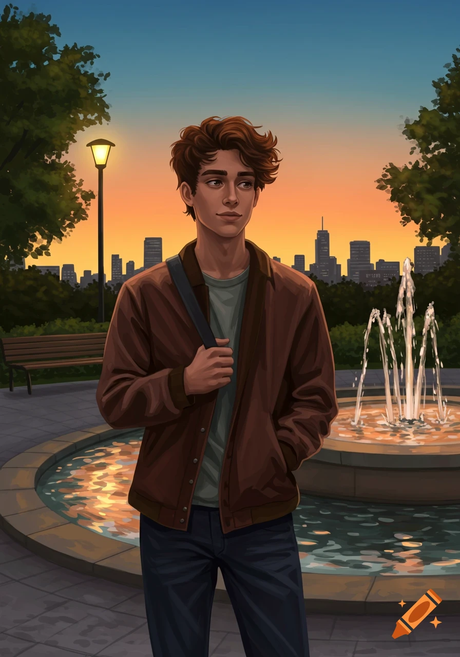 Illustrated young man with curly brown hair in a park at sunset, city skyline and fountain in the background.