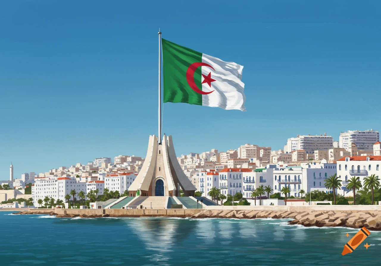 A large Algerian flag waves proudly above the city of Algiers, featuring white buildings along the coast and a distinctive monument, all under a bright blue sky.