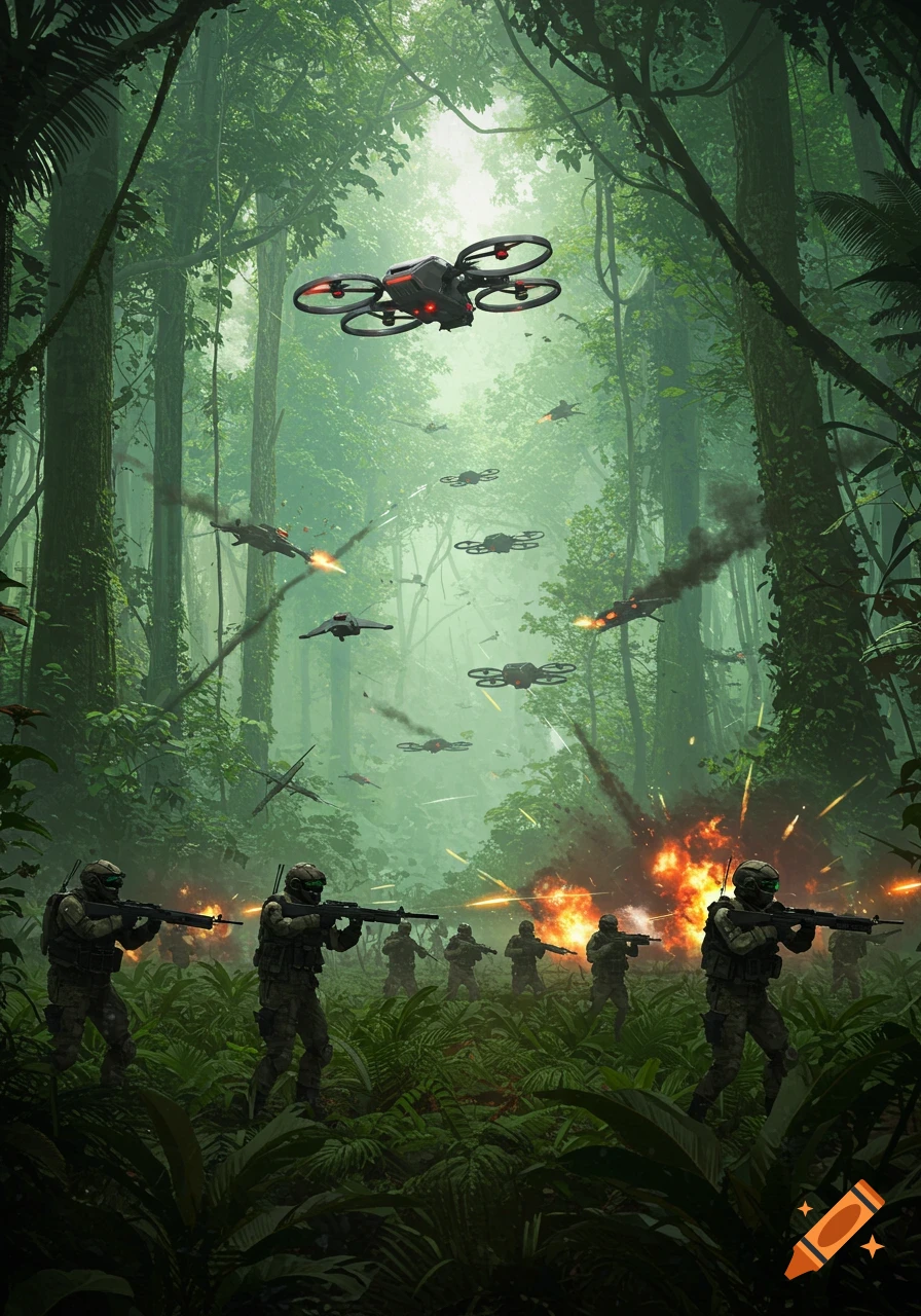 Soldiers and drones battle in a dense, misty jungle with explosions and gunfire.