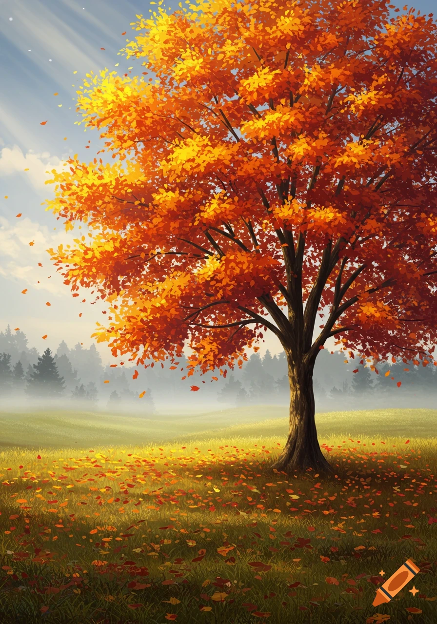 Vibrant autumn tree with orange and yellow leaves in a sunny, misty field, digital painting.