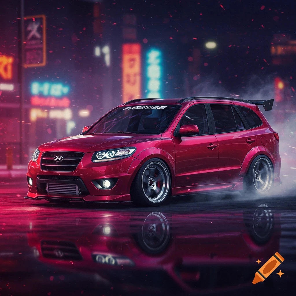 A red modified Hyundai Santa Fe SUV in JDM style, reflecting on a wet street in a neon-lit city at night.