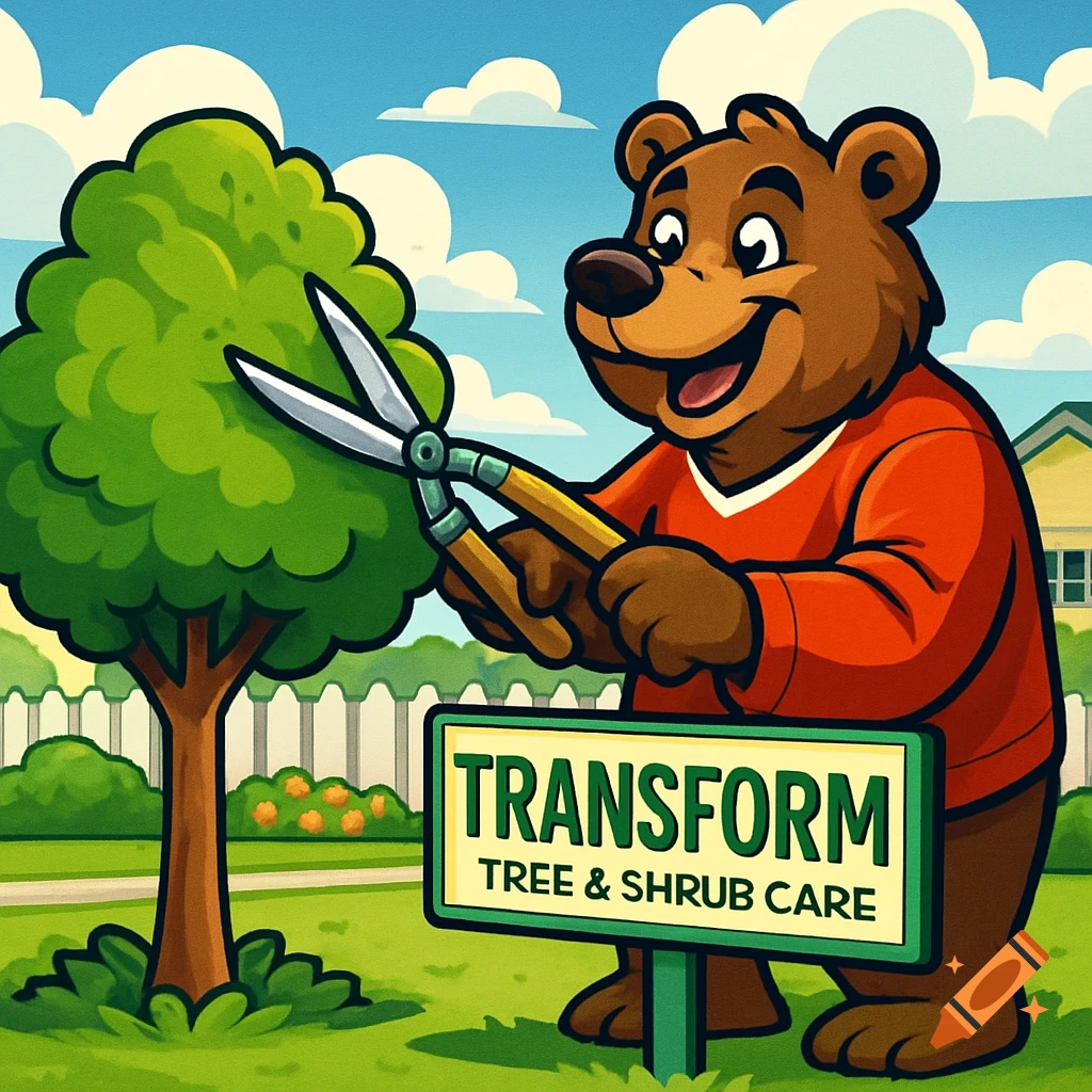A smiling cartoon brown bear in a red shirt trims a green tree with large shears next to a sign for "Transform Tree & Shrub Care" in a sunny yard.