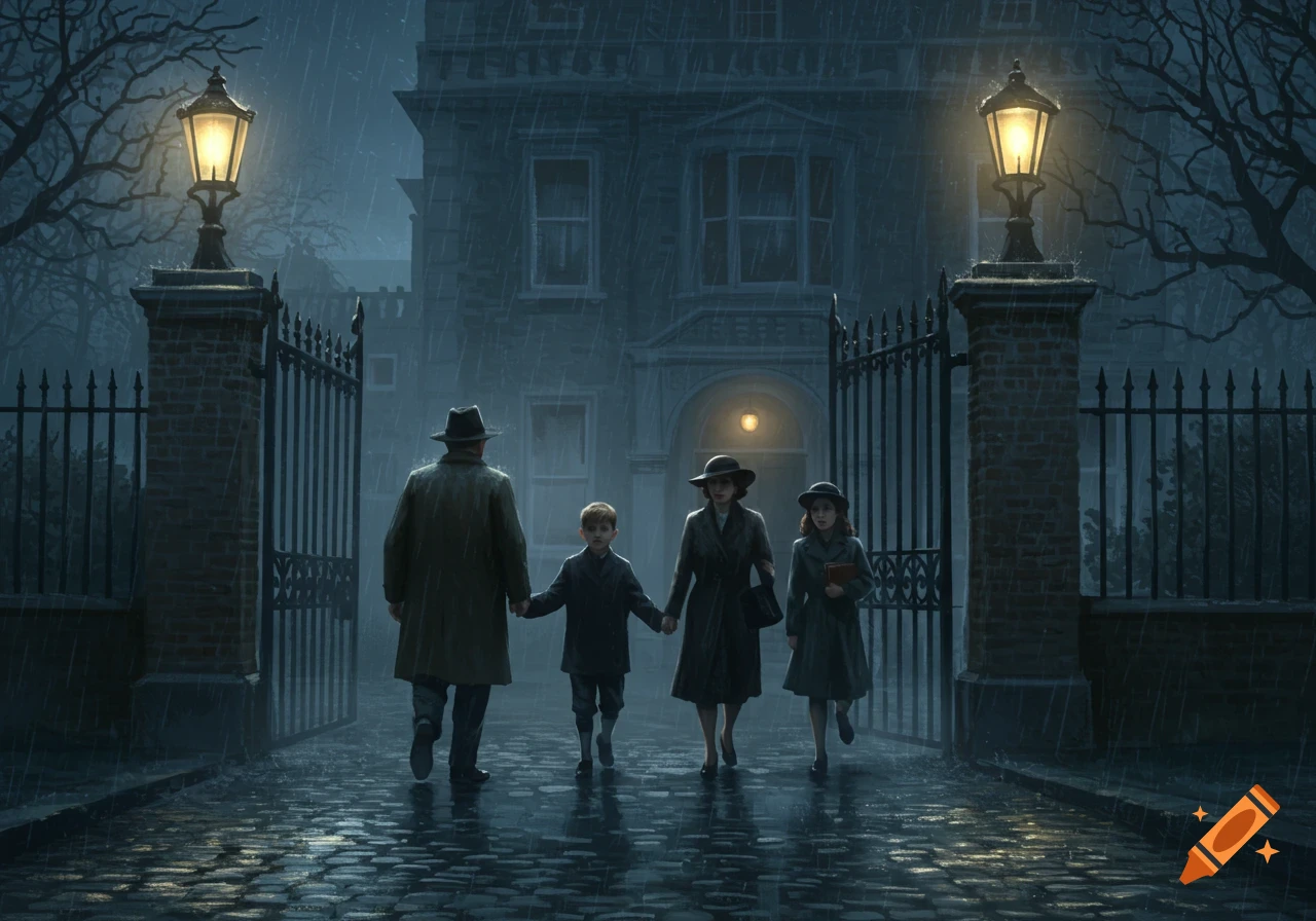 A family of four walks in the rain on a cobblestone path towards a grand Victorian mansion at night, illuminated by street lamps.