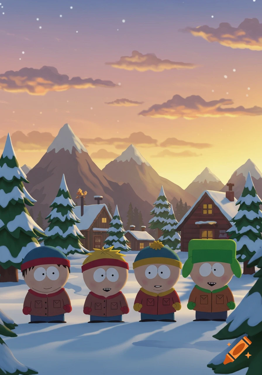 Four South Park characters stand in a snowy mountain village with cabins and pine trees at sunset, in a 3D animated style.
