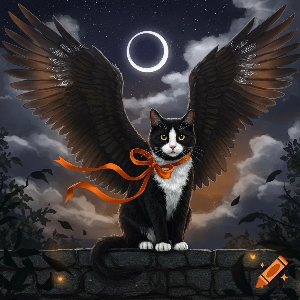 A black and white winged cat with an orange ribbon and golden eyes sits on a stone wall under a crescent moon and starry night sky.