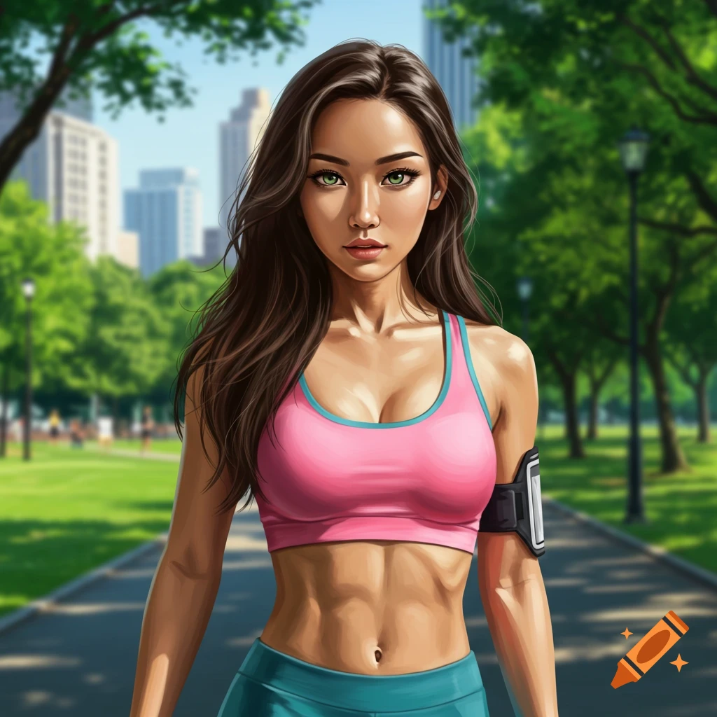 A digital art portrait of an athletic Asian woman with green eyes in a pink sports bra and teal shorts, standing in an urban park.