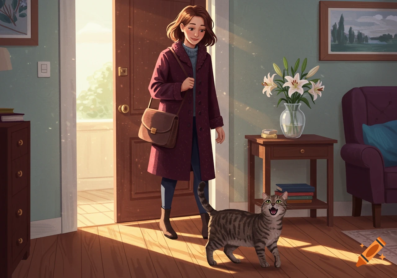An illustrated scene of a woman in a coat and purse entering her home, greeted by a meowing tabby cat in warm sunlight.