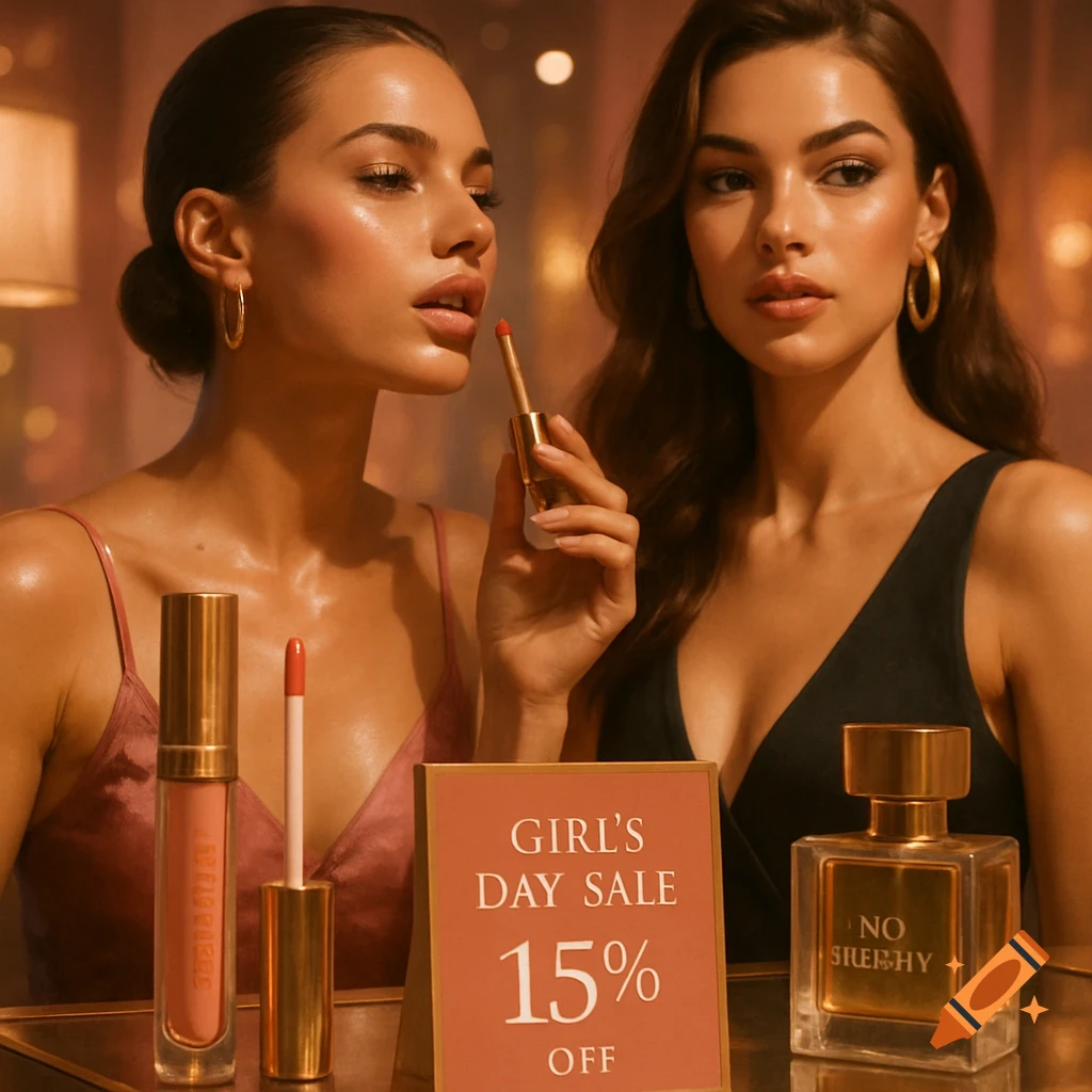 Two women with glossy skin and makeup pose with lip gloss and perfume bottles, next to a "Girl's Day Sale 15% Off" sign.