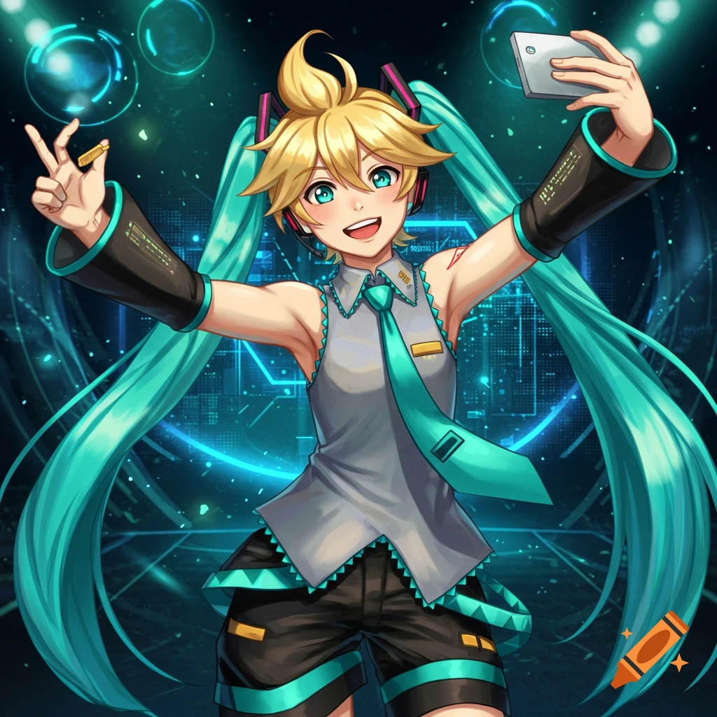 An anime-style Kagamine Len in a turquoise Miku outfit takes a selfie, giving a peace sign against a digital background.