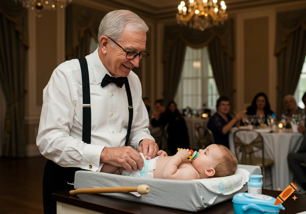 An elderly man in a tuxedo shirt and suspenders changes a baby's diaper on a changing table at a banquet hall.