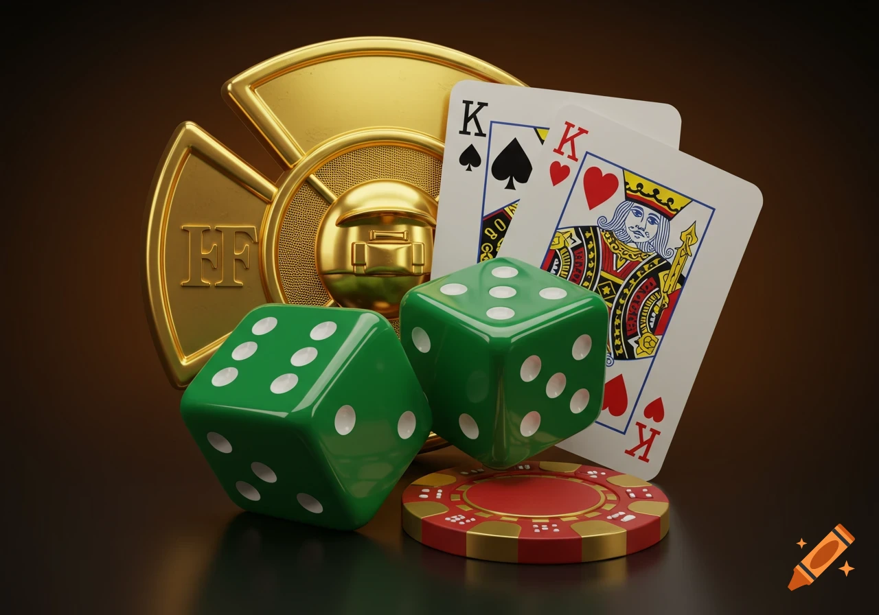 A stylized 3D rendered image of casino items: a golden firefighter Maltese cross, two green dice showing 6, 5, 3, King of Spades, King of Hearts, and a red and gold poker chip.