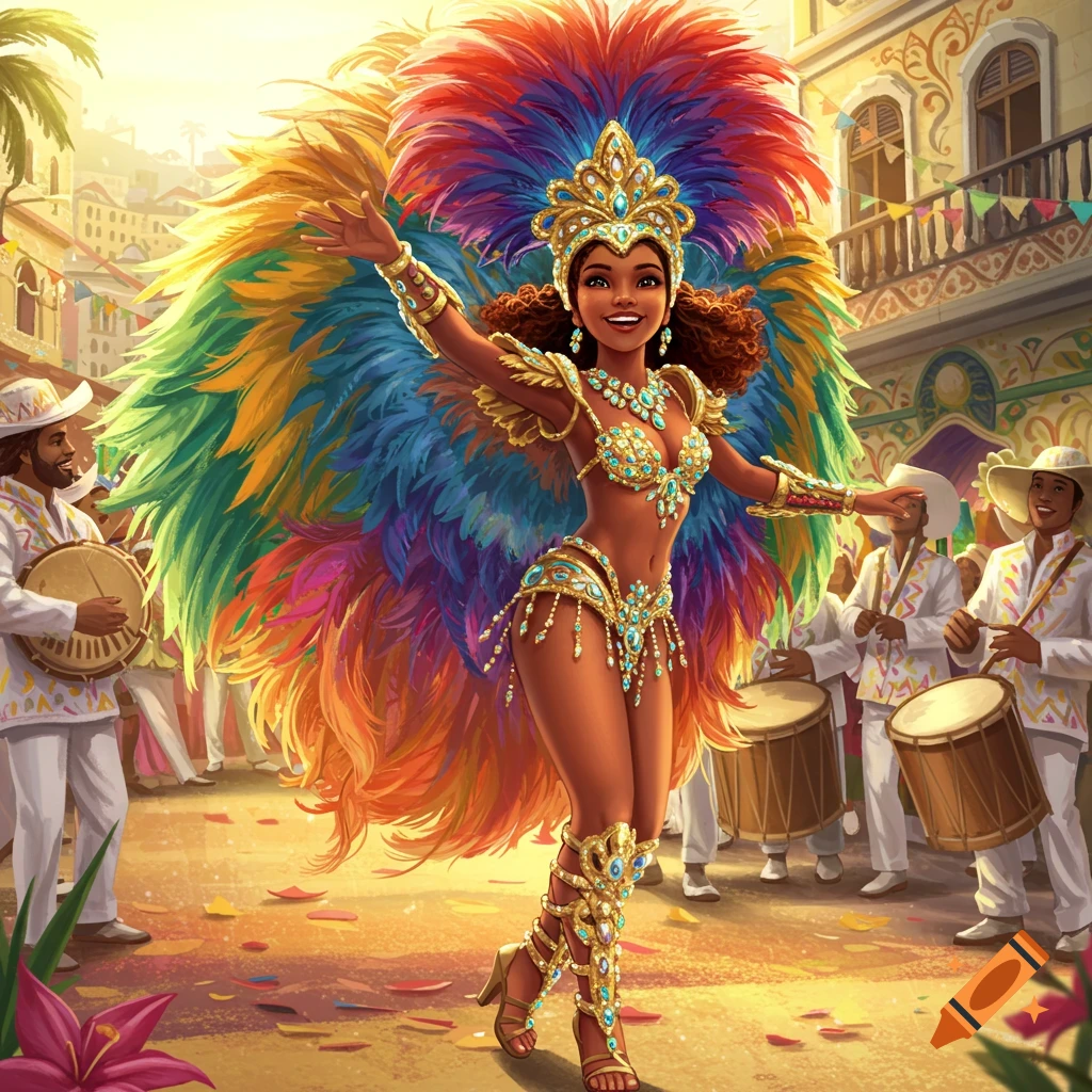 A smiling woman in a vibrant, colorful feathered carnival costume dances with outstretched arms on a sunny street with drummers, illustrated.