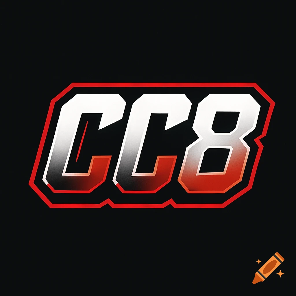 Modern gaming logo with bold white and red text "CC8" outlined in red on a black background.