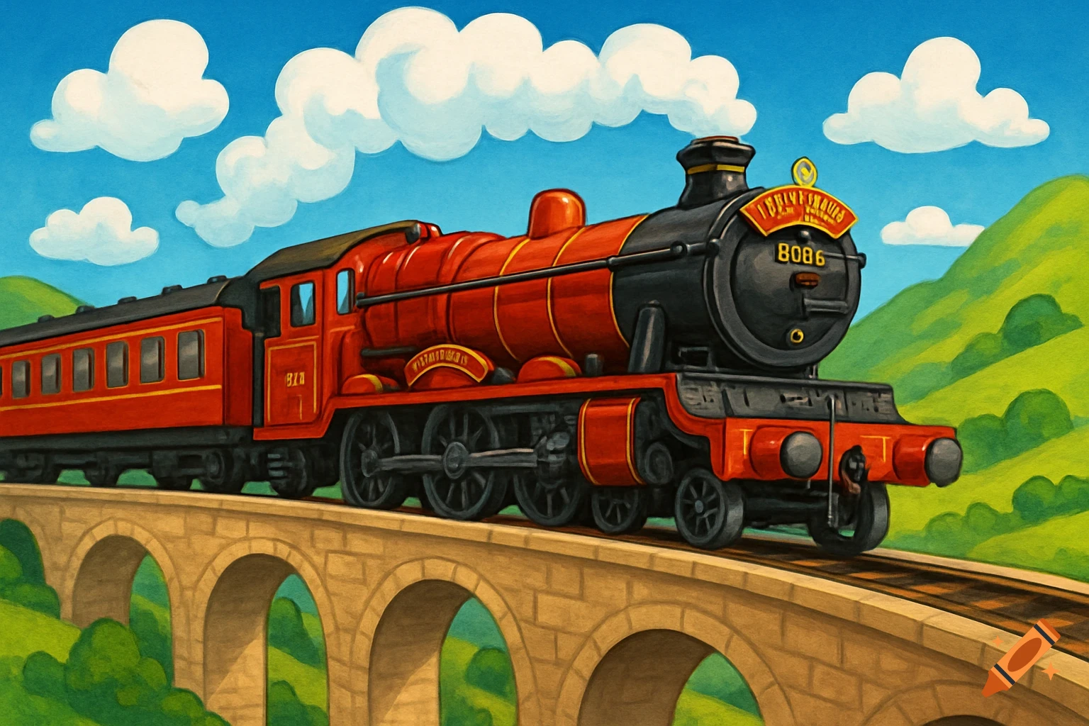 A vibrant children's book illustration of a red steam train on a stone viaduct under a blue sky with white clouds and green hills.