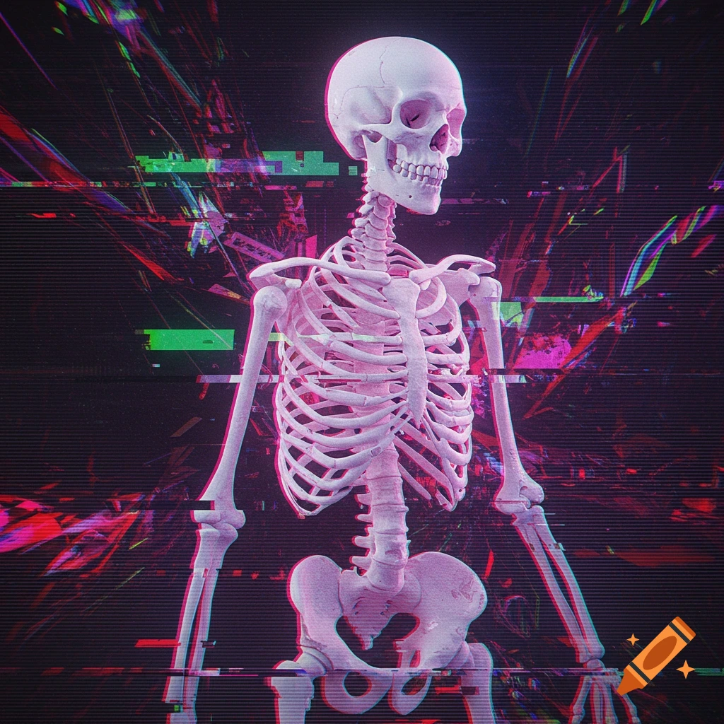 A stylized skeleton in vibrant neon pink and white with glitch art effects on a dark background.