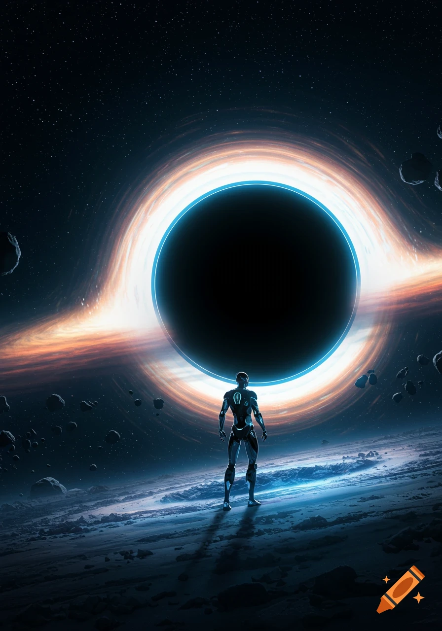 A robot stands on an alien planet, gazing at a large, glowing black hole in a starry cosmos.