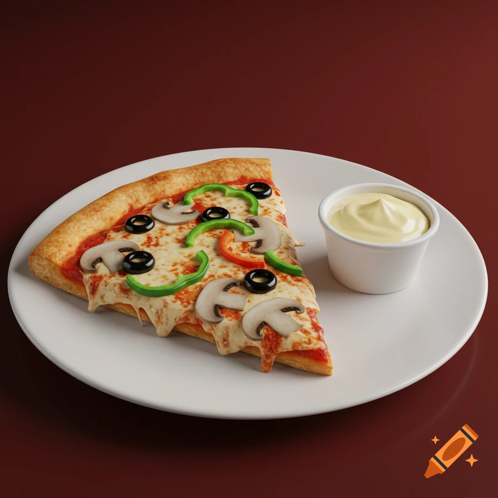 Photorealistic image of a pizza slice with green bell peppers, mushrooms, and black olives on a white plate, with a cup of garlic butter, on a burnt red surface.