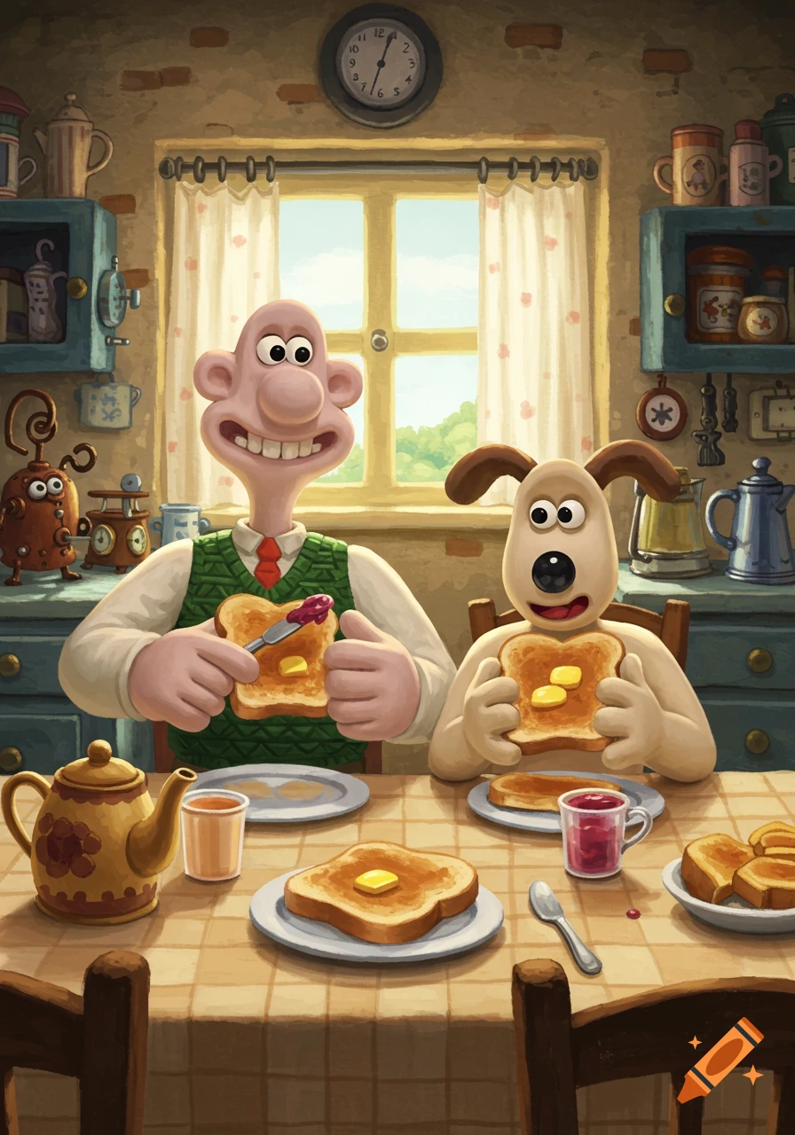 Wallace and Gromit eat toast with jam and butter in their cozy kitchen, a clock visible above the window.