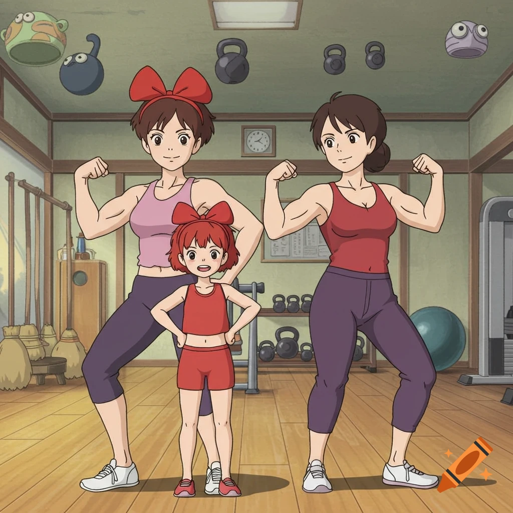 Kiki's mom and Kiki from Studio Ghibli's Kiki's Delivery Service flexing their muscles at a gym, in an anime style.