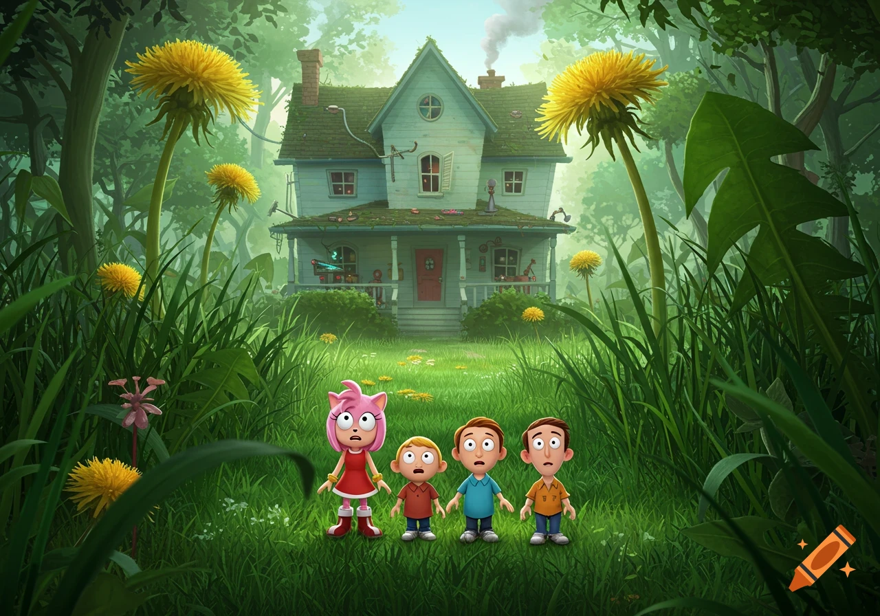Amy Rose and three cartoon children look frightened in an overgrown, giant-like garden with enormous dandelions and a house.