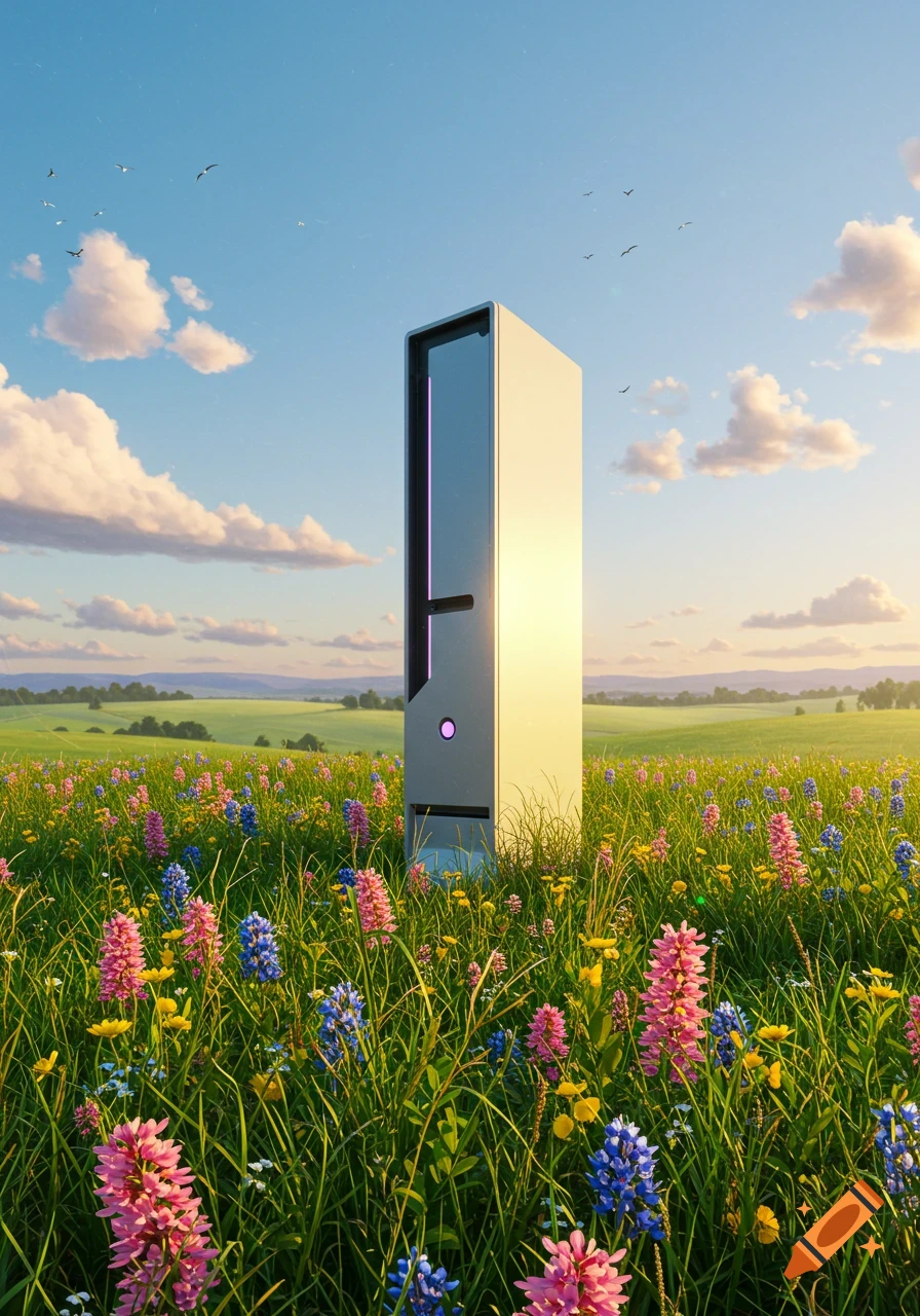 A sleek, silver computer tower stands vertically in a vibrant meadow of colorful wildflowers under a bright blue sky.