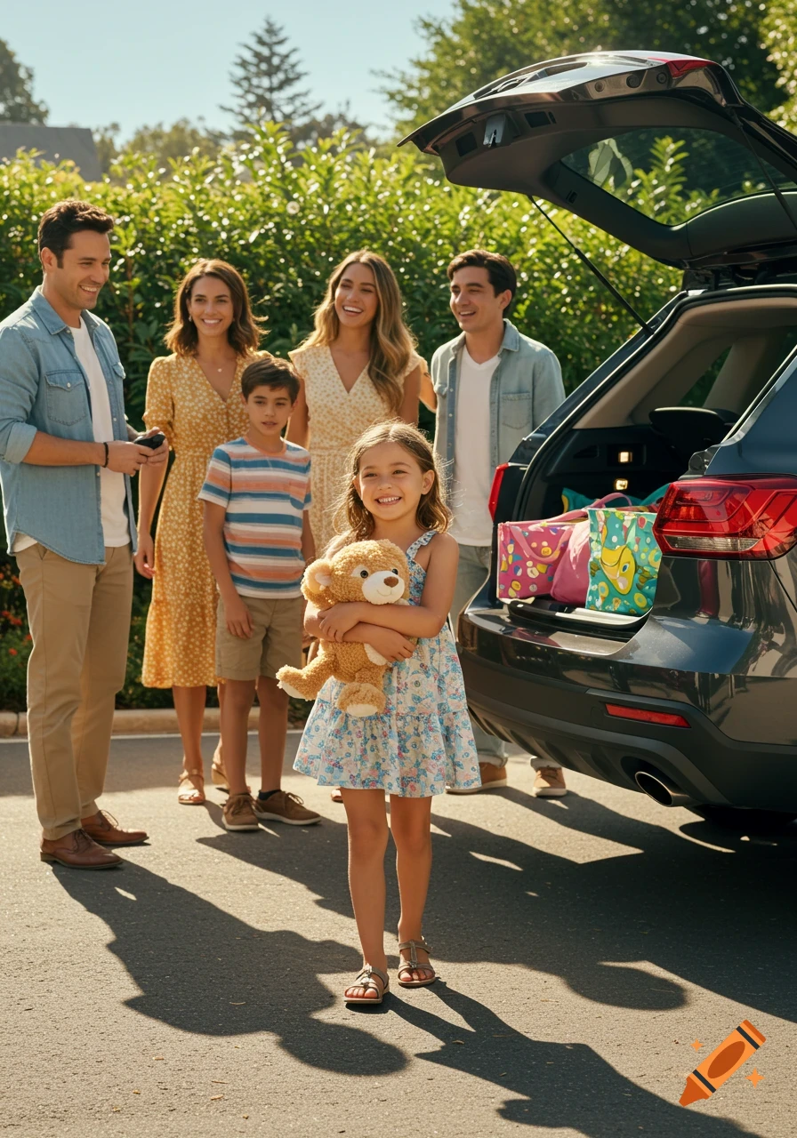 A happy family, including a young girl holding a teddy bear, stands beside a car with an open trunk filled with bags on a sunny morning.