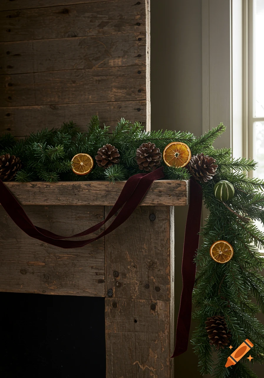 Photorealistic rustic Christmas mantel adorned with pine garland, pinecones, dried orange slices, dried lime, and maroon velvet ribbons.